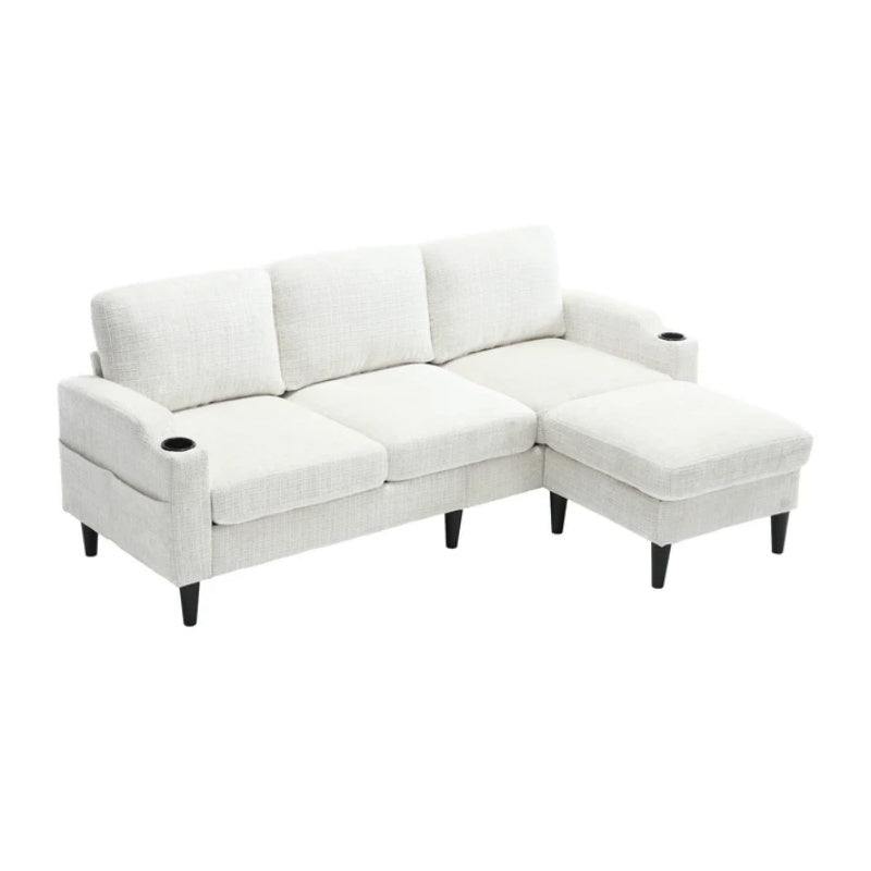 UNITED WE WIN Sofa for three, solid wood frame, Chenille fabric, side pocket, with two cup holders, footstool with storagestorage sofa /Living room sofa cozy sectional sofa-海智集-Default-