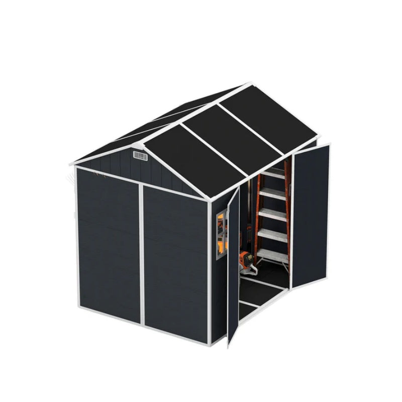 8*7ft Outdoor Storage Shed, Outdoor Resin Shed with Two-Window and Double-Door, Plastic Shed with Floor for Garden, Patio, Yard, Lawn (Dark Gray)-海智集-Default-