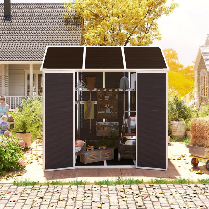 8*7ft Outdoor Storage Shed, Outdoor Resin Shed with Two-Window and Double-Door, Plastic Shed with Floor for Garden, Patio, Yard, Lawn (Dark Gray)-海智集-Default-