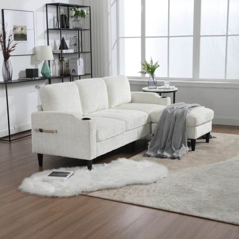 UNITED WE WIN Sofa for three, solid wood frame, Chenille fabric, side pocket, with two cup holders, footstool with storagestorage sofa /Living room sofa cozy sectional sofa-海智集-Default-