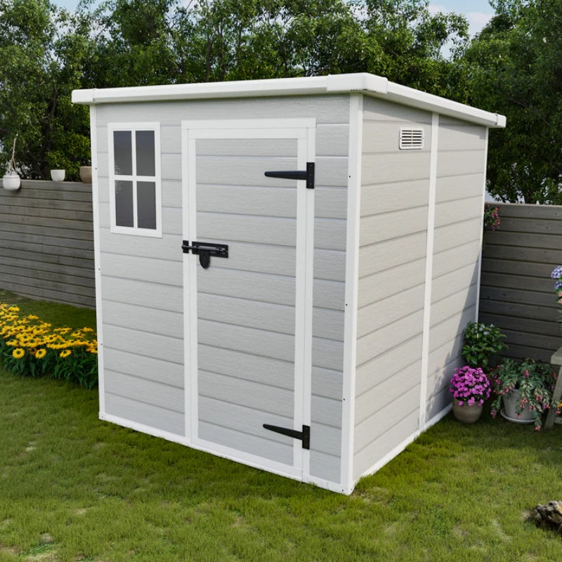 6x6 FT Storage Shed, Waterproof Resin Outdoor Storage Shed with Floor & Window & Lockable Doors and Vents, Tool Shed for Bike, Garden, Backyard,Lawn, All Weather Use, Light Grey-海智集-Default-
