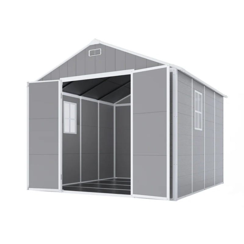 Campcraft 8*8ft resin storage shed, high quality pp material, strong structure, waterproof, rust and UV proof, large storage space, 12mm thick pp board, HD window lighting-海智集-Default-
