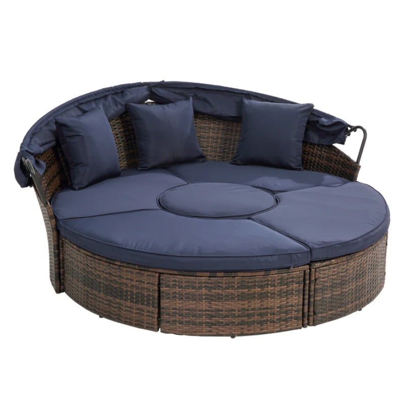 Hot Sale KD Rattan Round Lounge With Canopy Bali Canopy Bed Outdoor, Wicker Outdoor Sofa Bed with lift coffee table-海智集-Default-