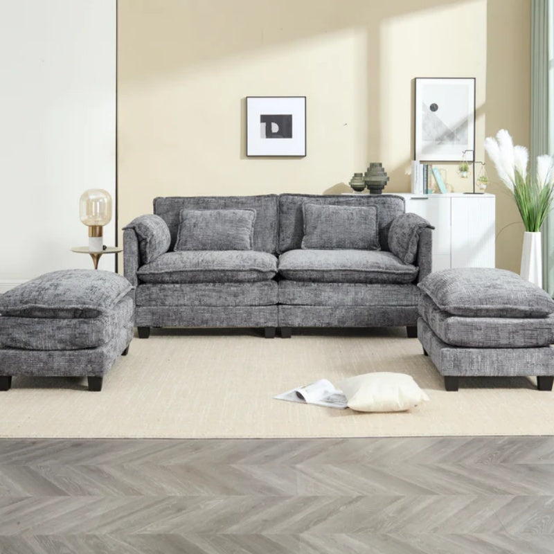 UNITED WE WIN Chenille fabric, solid construction, the overall structure of the sofa is stable, detachable armrests, two foot stools and two-seat sofa with side pockets-海智集-Default-