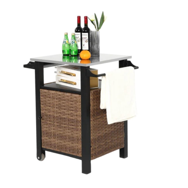 Single door bar cart,Outdoor Kitchen Wicker Island Rolling Cart & Storage Cabinet, Wheels and Stainless Steel Extended Table Top, Side Handle for Patio Kitchen or Bar Cart, Brown-海智集-Default-
