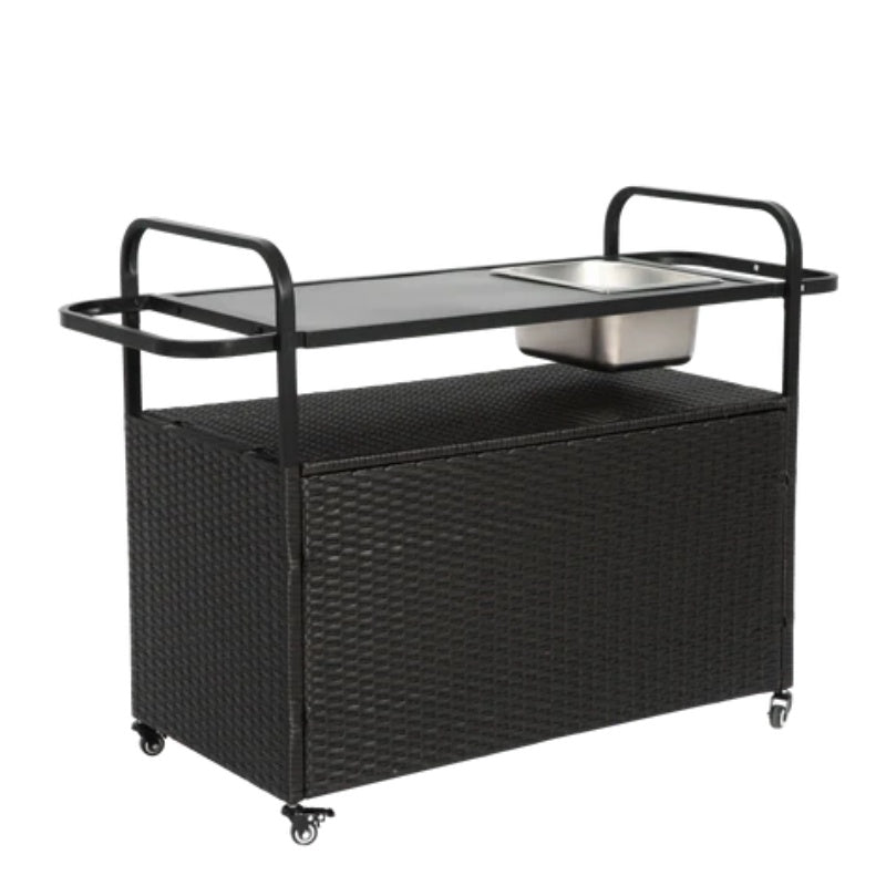 Outdoor Bar Table, Wicker Bar Cart with Cabinet, Patio Serving Cart with steel Top, with one ice bucket,Lockable Wheels, Side Basket for Garden, Poolside & Backyard, Black-海智集-Default-
