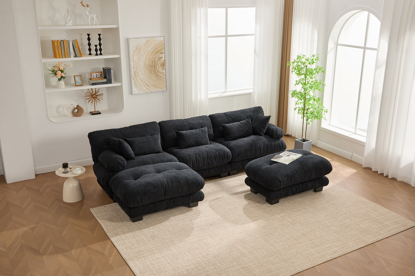 UNITED WE WIN Pelletized velvet U Shape Cloud Couch with 2 Ottomans,Free Combined 3 Seater Comfy Sofa with Bolster Armrest Pillows, sofa for Living Room-海智集-Default-