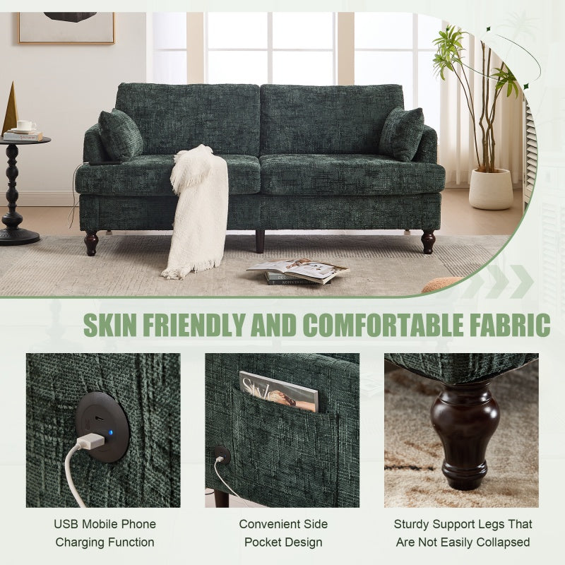 Modern Chenille 2-Seater Sofa with LED Light, USB Charging Port, and Storage Bag in Emerald-海智集-Default-