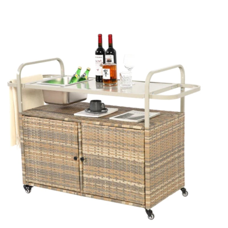 Outdoor Bar Table, Wicker Bar Cart with Cabinet, Patio Serving Cart with steel Top, with one ice bucket,Lockable Wheels, Side Basket for Garden, Poolside & Backyard, Beige-海智集-Default-