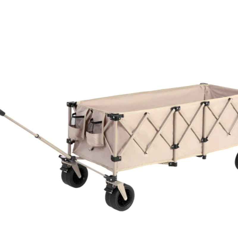 Foldable Extended Wagon with 220lbs Weight Capacity, Heavy Duty 300L Folding Utility Garden Cart with Big All-Terrain Beach Wheels & Drink Holders. Beige-海智集-Default-