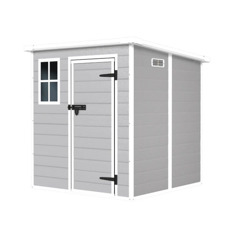 6x6 FT Storage Shed, Waterproof Resin Outdoor Storage Shed with Floor & Window & Lockable Doors and Vents, Tool Shed for Bike, Garden, Backyard,Lawn, All Weather Use, Light Grey-海智集-Default-