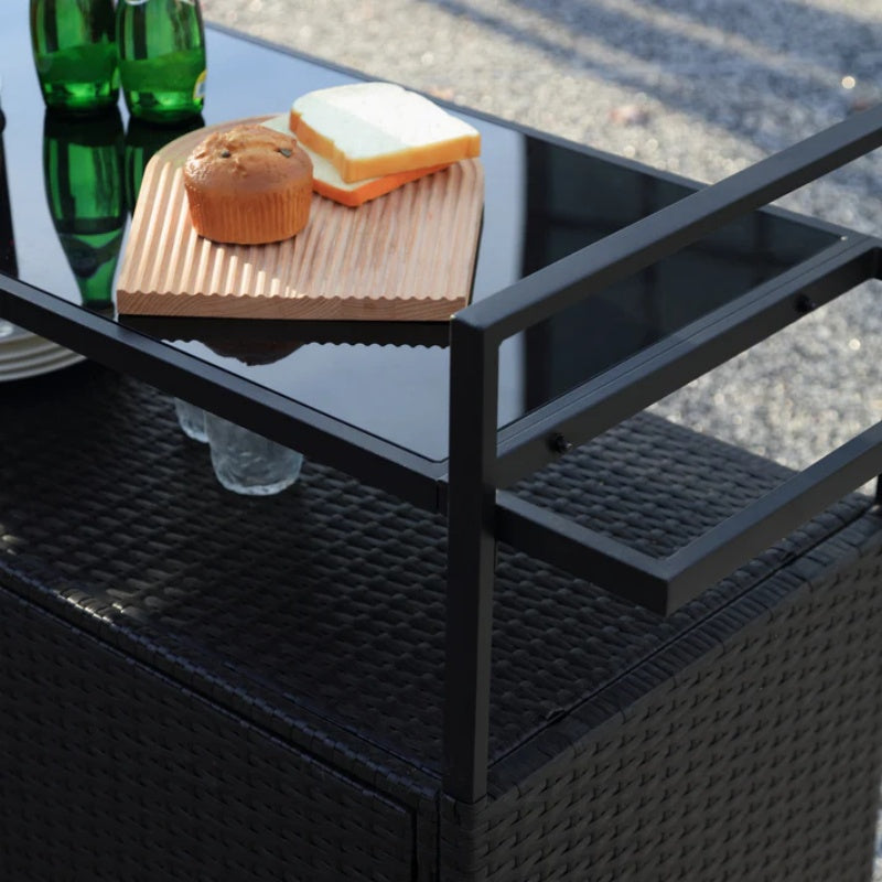 Outdoor Wicker Bar Cart, Patio Wine Serving Cart w/Wheels, Rolling Rattan Beverage Bar Counter Table w/Glass Top for Porch Backyard Garden Poolside Party, Black-海智集-Default-