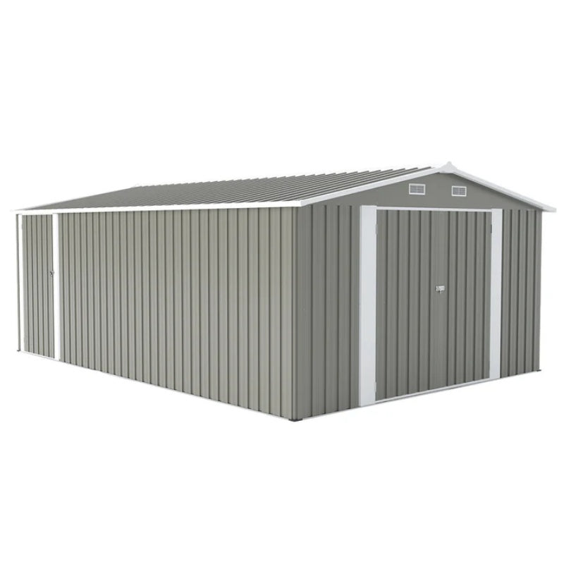 Campcraft Outdoor Storage Shed 10×14 FT with 3 Lockable Doors,Utility Tool Shed Metal Storage Garden Sheds Frame and 4 Vents,for Backyard,Patio,Lawn,Light Grey-海智集-Default-