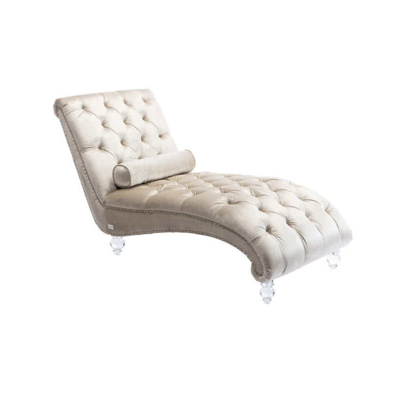 Velvet Chaise Lounge Indoor, Button-Tufted Upholstered Chair with Pillow, Beige Velvet, 63.38x28.94x34.05 inches-海智集-Default-