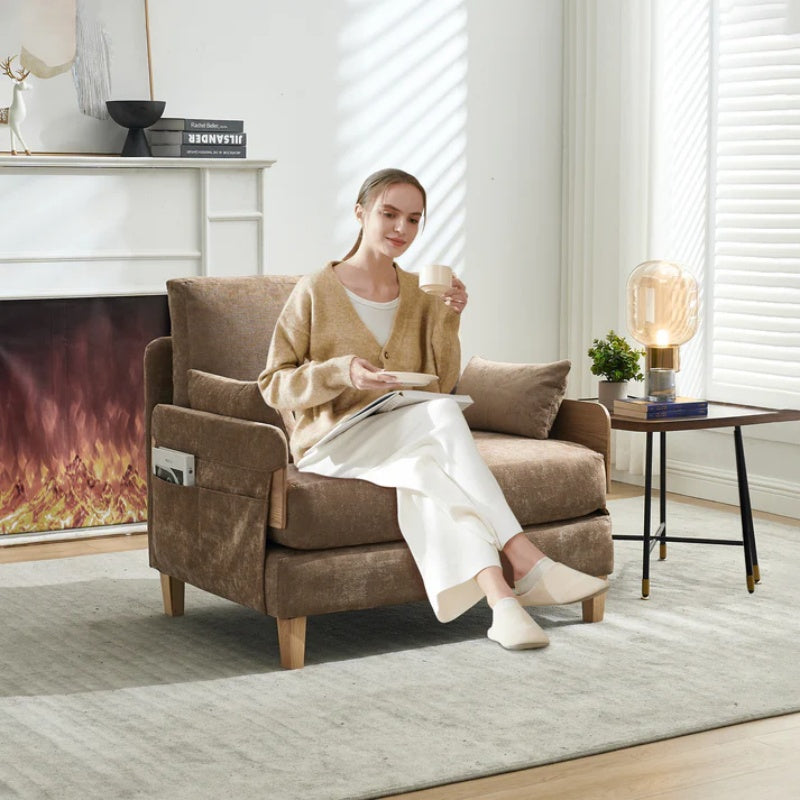 Mid-Century Modern Foldable Sofa Bed Recliner, 3-in-1 Convertible Sleeper with Three Pillows, Light Brown Chenille, Ideal for Small Spaces-海智集-Default-