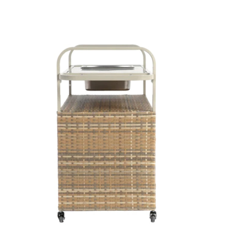 Outdoor Bar Table, Wicker Bar Cart with Cabinet, Patio Serving Cart with steel Top, with one ice bucket,Lockable Wheels, Side Basket for Garden, Poolside & Backyard, Beige-海智集-Default-