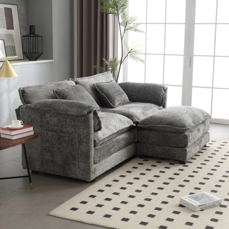 UNITED WE WIN Chenille fabric, removable armrests with side pockets, high density sponge filling, oversized double sofa with footstool-海智集-Default-