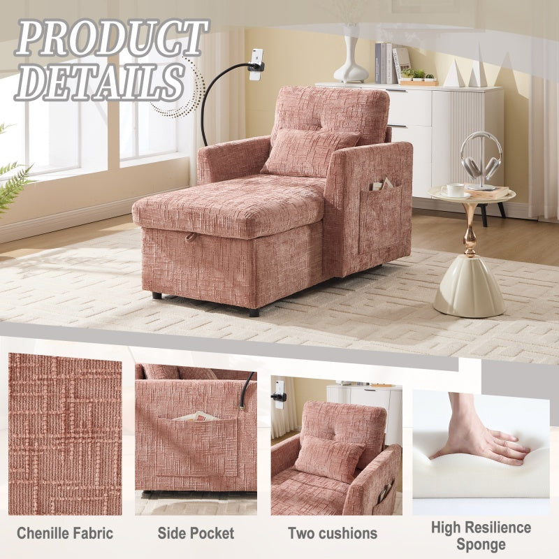 Multifunctional Lazy Person Sofa Recliner with Storage Backrest and Cell Phone Bracket in Pink Chenille for Living Room and Bedroom-海智集-Default-