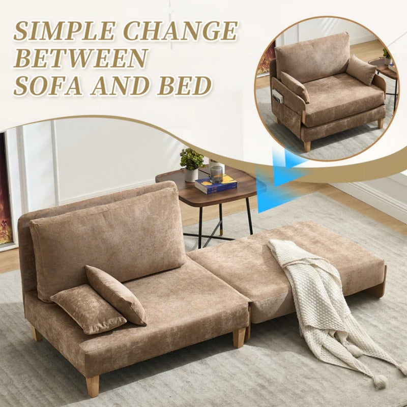 Mid-Century Modern Foldable Sofa Bed Recliner, 3-in-1 Convertible Sleeper with Three Pillows, Light Brown Chenille, Ideal for Small Spaces-海智集-Default-
