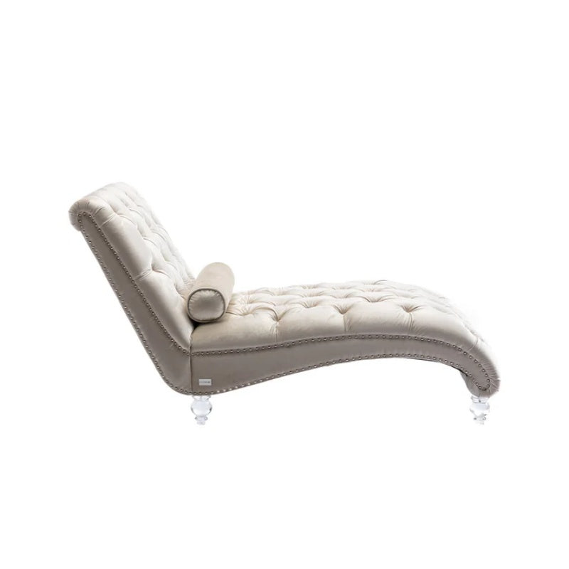 Velvet Chaise Lounge Indoor, Button-Tufted Upholstered Chair with Pillow, Beige Velvet, 63.38x28.94x34.05 inches-海智集-Default-