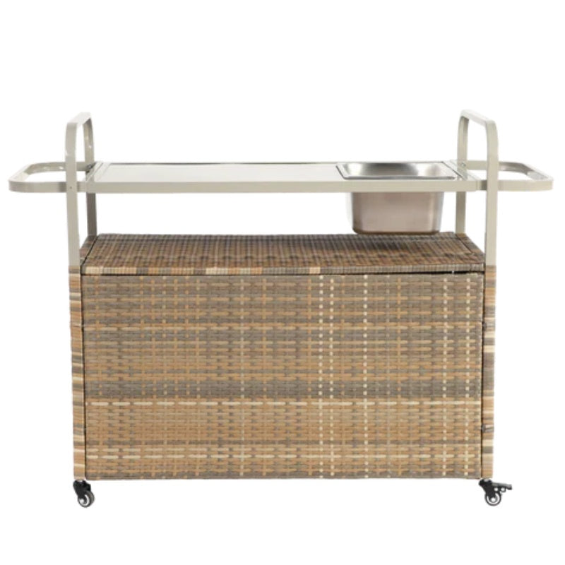 Outdoor Bar Table, Wicker Bar Cart with Cabinet, Patio Serving Cart with steel Top, with one ice bucket,Lockable Wheels, Side Basket for Garden, Poolside & Backyard, Beige-海智集-Default-