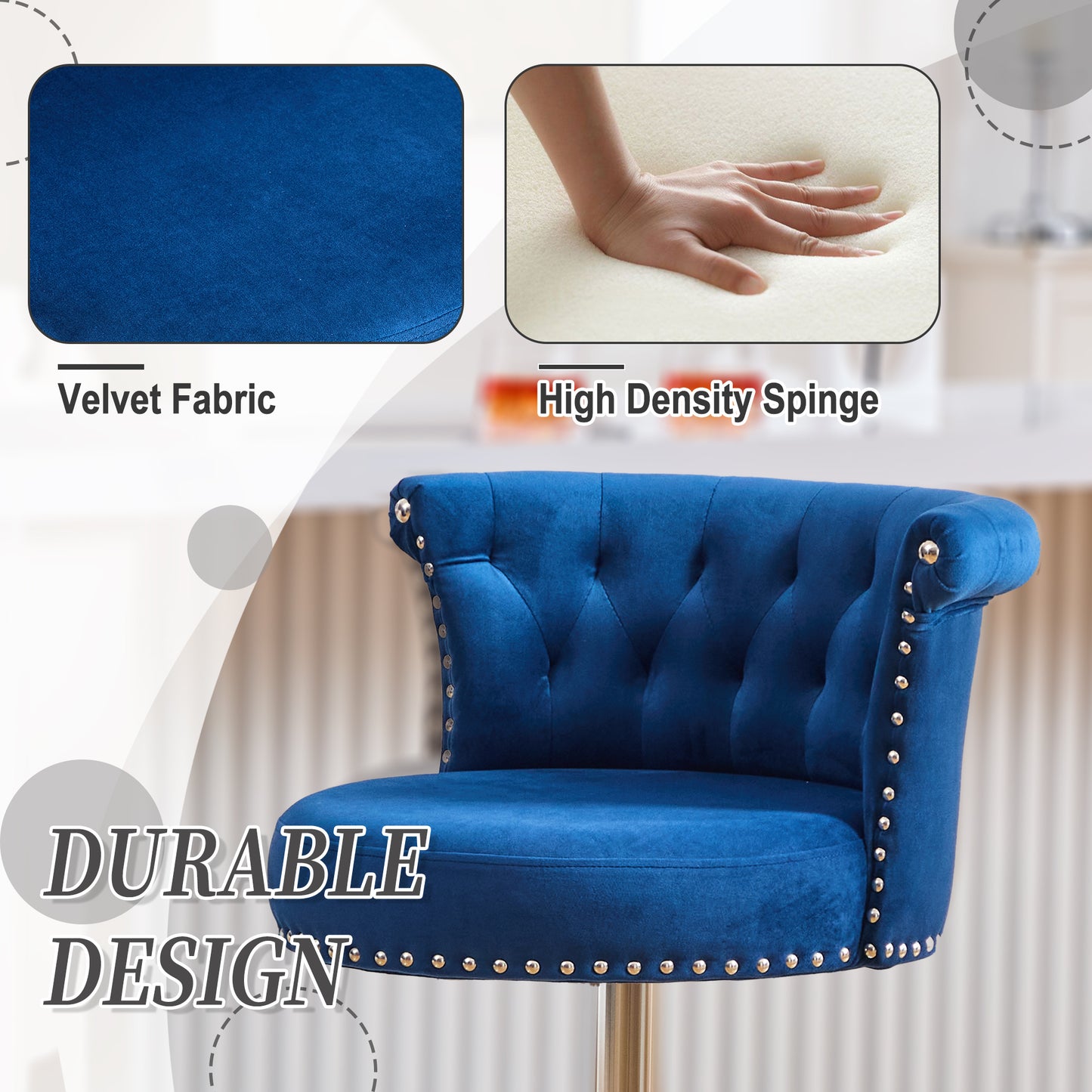 COOLMORE Velvet Bar Stool Set of 2, Adjustable Swivel Bar Stools with Silver Plated Metal Leg, Chrome Nailhead, Counter Height Chair for Kitchen,Dining Room-海智集-Default-
