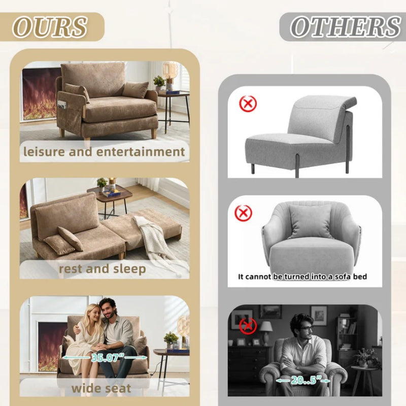 Mid-Century Modern Foldable Sofa Bed Recliner, 3-in-1 Convertible Sleeper with Three Pillows, Light Brown Chenille, Ideal for Small Spaces-海智集-Default-
