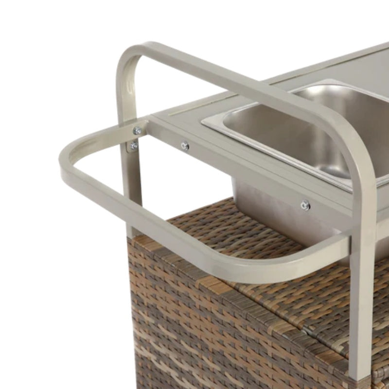Outdoor Bar Table, Wicker Bar Cart with Cabinet, Patio Serving Cart with steel Top, with one ice bucket,Lockable Wheels, Side Basket for Garden, Poolside & Backyard, Beige-海智集-Default-