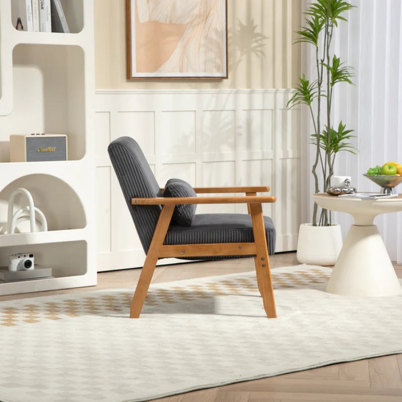 Leisure Chair with Solid Wood Armrest and Feet, Leisure chair, wood frame, velvet, l, solid rubber wood legs, Mid-Century Modern Accent chair, for Living Room Bedroom Studio chair-海智集-Default-