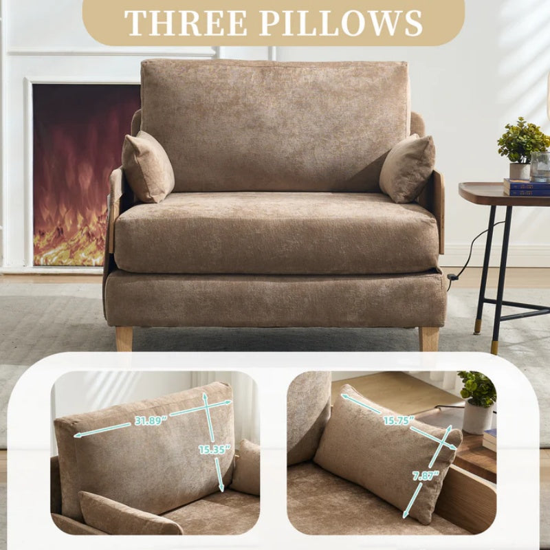 Mid-Century Modern Foldable Sofa Bed Recliner, 3-in-1 Convertible Sleeper with Three Pillows, Light Brown Chenille, Ideal for Small Spaces-海智集-Default-