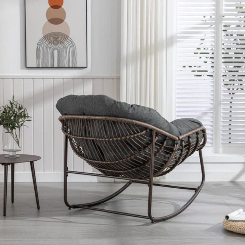 Outdoor Rattan Rocking Chair,Padded Cushion Rocker Recliner Chair Outdoor for Front Porch, Living Room, Patio, Garden, Grey-海智集-Default-