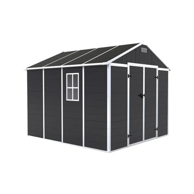 Campcraft 8*8ft resin storage shed, high quality pp material, strong structure, waterproof, rust and UV proof, large storage space, 12mm thick pp board, HD window lighting Dark gray-海智集-Default-