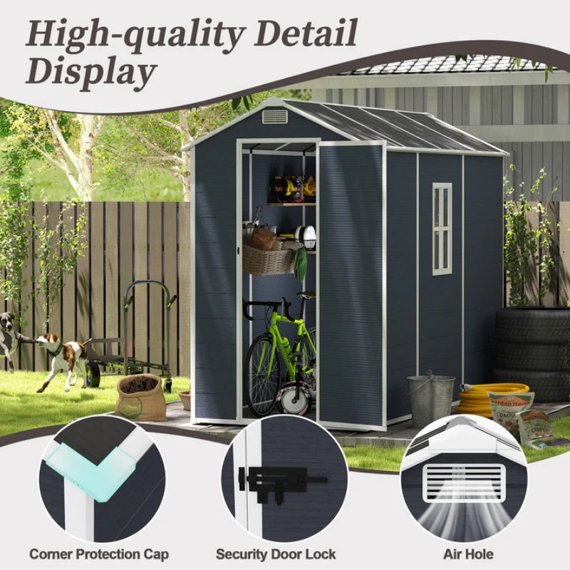 Campcraft 4*8ft resin storage shed, high quality pp material, strong structure, waterproof, rust and UV proof, large storage space, 12mm thick pp board, HD window lighting Dark gray-海智集-Default-