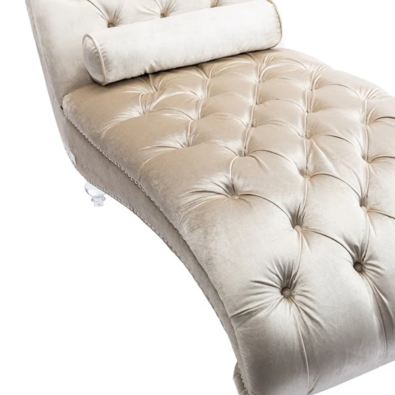 Velvet Chaise Lounge Indoor, Button-Tufted Upholstered Chair with Pillow, Beige Velvet, 63.38x28.94x34.05 inches-海智集-Default-