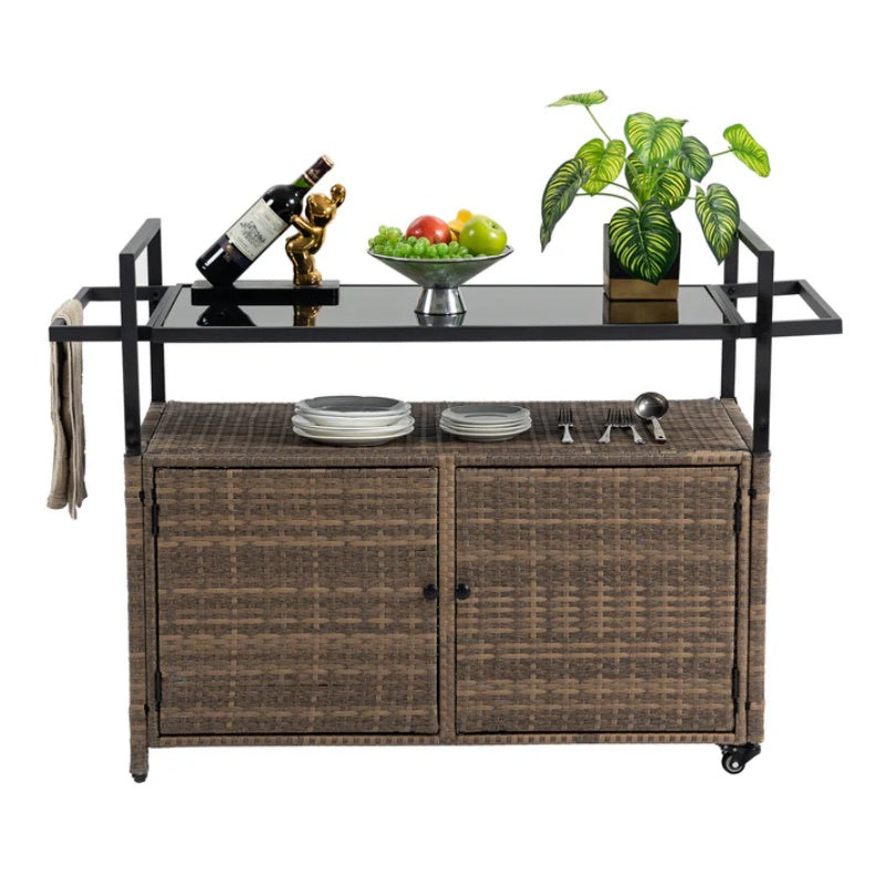 Outdoor Wicker Bar Cart, Patio Wine Serving Cart w/Wheels , Rolling Rattan Beverage Bar Counter Table w/Glass Top for Porch Backyard Garden Poolside Party, Light brown-海智集-Default-