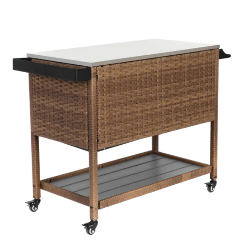Outdoor Wicker Bar Cart, Patio Wine Serving Cart w/Wheels, Rolling Rattan Beverage Bar Counter Table w/Glass Top for Porch Backyard Garden Poolside Party, Brown-海智集-Default-