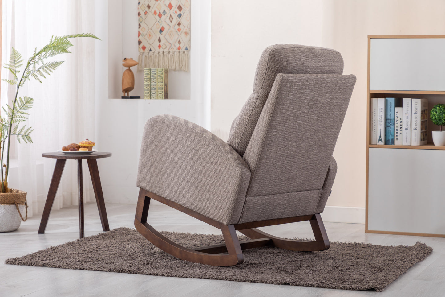 Rocking Chair, Modern Glider Chair, Recliner Armchair with Wood Legs and Side Pocket, Nursery Rocking Accent Chair with High Back for Living Room Bedroom (Grey linen)-海智集-Default-
