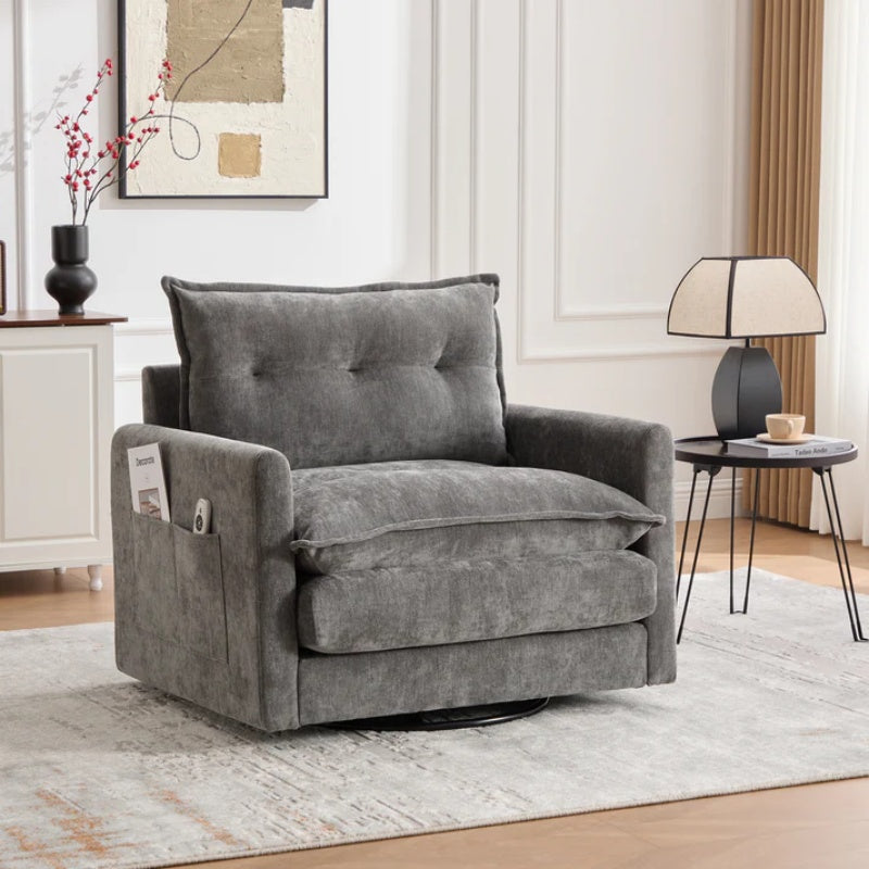 UNITED WE WIN Swivel Barrel Chair - Mid Century Modern Chair, Thick Padded Arm Chair with Solid Metal Base, Comfortable Single Sofa Chair, Swivel Accent Chair for Living Room Bedroom-海智集-Default-