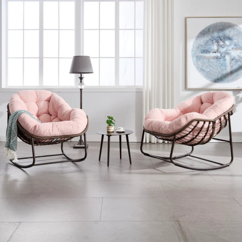 Outdoor Rattan Rocking Chair,Padded Cushion Rocker Recliner Chair Outdoor for Front Porch, Living Room, Patio, Garden, Pink-海智集-Default-