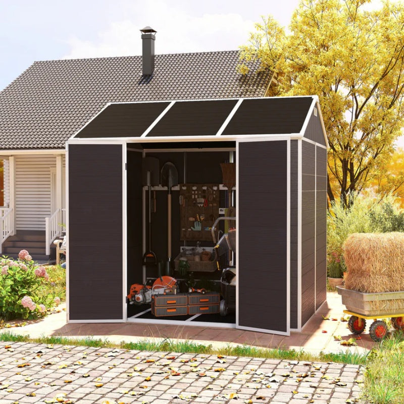 8*7ft Outdoor Storage Shed, Outdoor Resin Shed with Two-Window and Double-Door, Plastic Shed with Floor for Garden, Patio, Yard, Lawn (Dark Gray)-海智集-Default-
