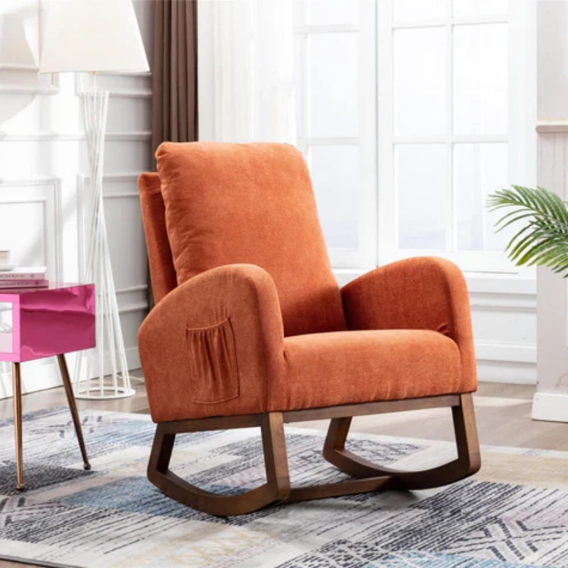 COOLMORE Rocking Chair, Modern Glider Chair, Recliner Armchair with Wood Legs and Side Pocket, Nursery Rocking Accent Chair with High Back for Living Room Bedroom (Orange linen)-海智集-Default-