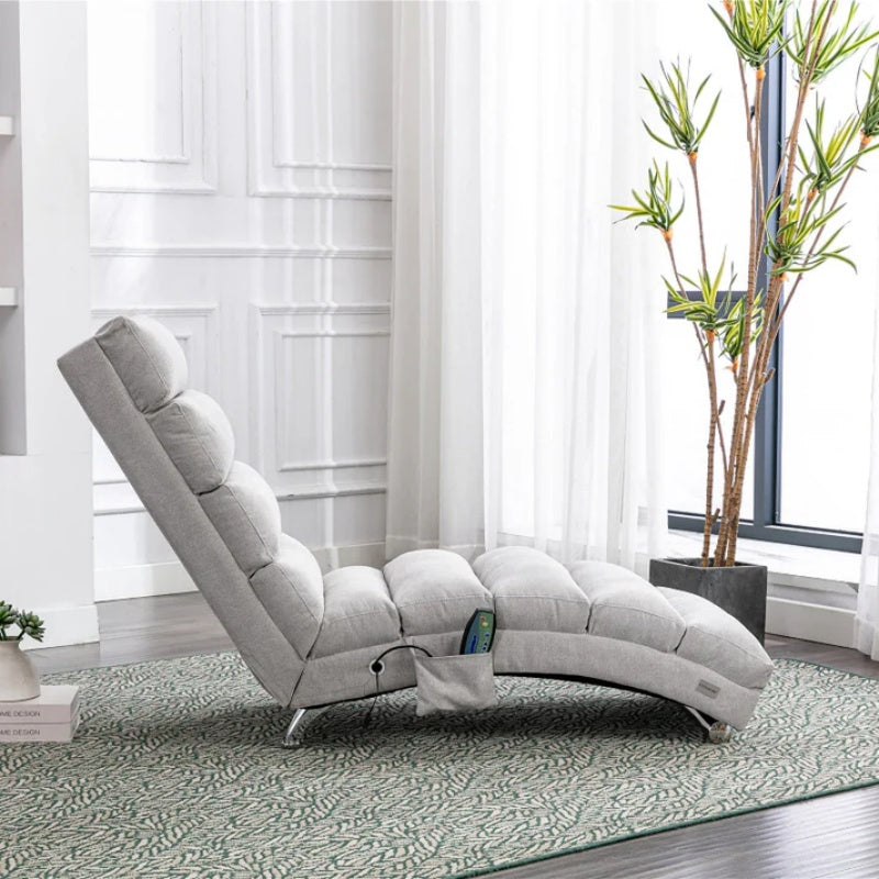 Light Grey Linen Massage Chaise Lounge Indoor with Remote Control, Ergonomic Electric Massage Lounger with 5 Modes-海智集-Default-