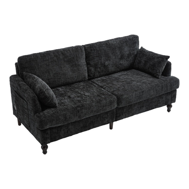 Modern Style Chenille 2-Seater Sofa with LED Light, USB Port and Storage Bag in Black-海智集-Default-