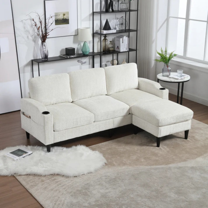 UNITED WE WIN Sofa for three, solid wood frame, Chenille fabric, side pocket, with two cup holders, footstool with storagestorage sofa /Living room sofa cozy sectional sofa-海智集-Default-