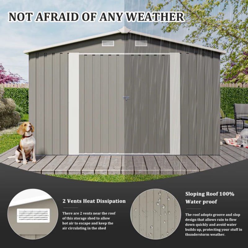 Campcraft Outdoor Storage Shed 10×14 FT with 3 Lockable Doors,Utility Tool Shed Metal Storage Garden Sheds Frame and 4 Vents,for Backyard,Patio,Lawn,Light Grey-海智集-Default-