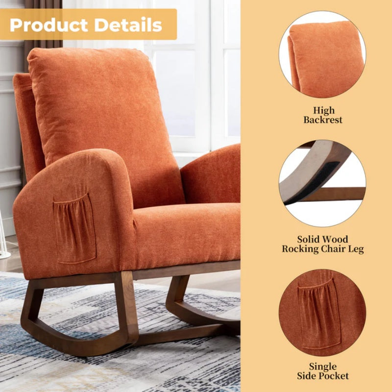 COOLMORE Rocking Chair, Modern Glider Chair, Recliner Armchair with Wood Legs and Side Pocket, Nursery Rocking Accent Chair with High Back for Living Room Bedroom (Orange linen)-海智集-Default-