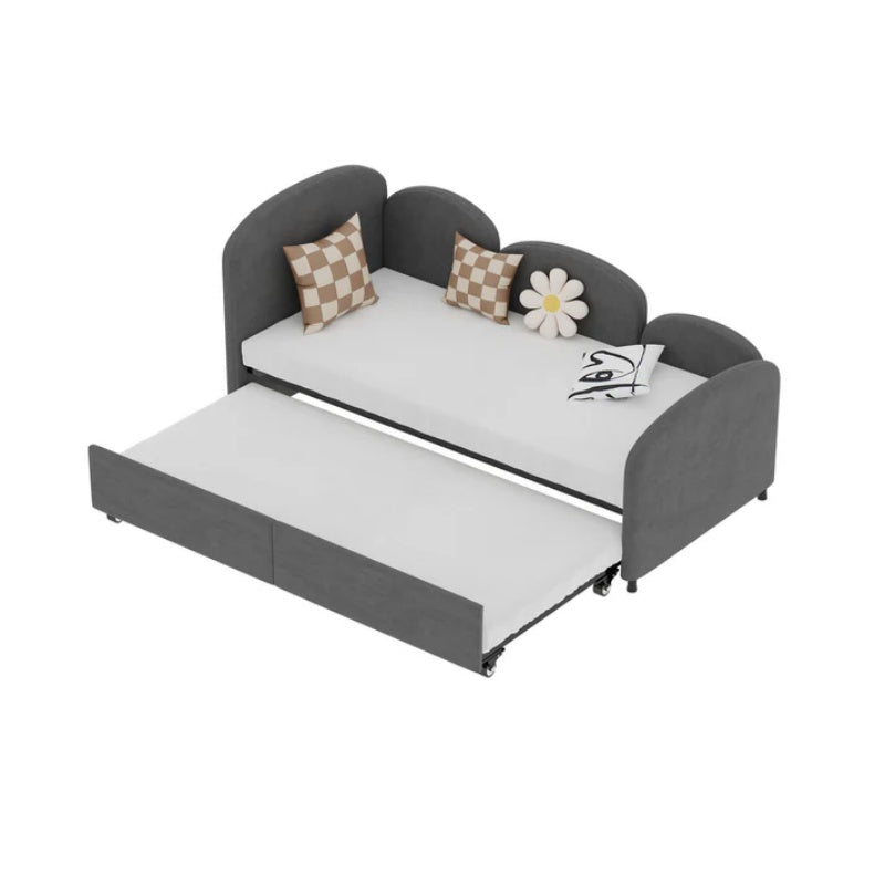 Modern Twin Size Velvet Upholstered Daybed with Additional Bed Frame, Dark Gray, Solid Wood Structure-海智集-Default-