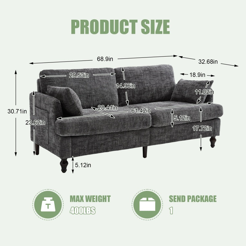 Modern Style Chenille 2-Seater Sofa with LED Light, USB Port, and Storage Bag in Gray-海智集-Default-