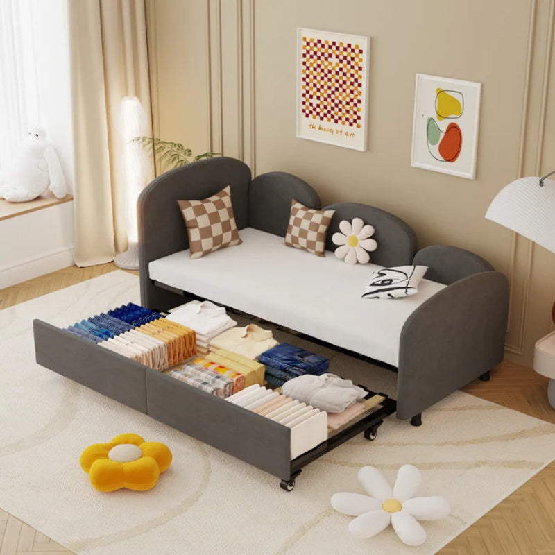 Modern Twin Size Velvet Upholstered Daybed with Additional Bed Frame, Dark Gray, Solid Wood Structure-海智集-Default-