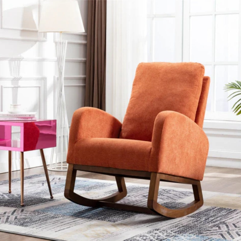 COOLMORE Rocking Chair, Modern Glider Chair, Recliner Armchair with Wood Legs and Side Pocket, Nursery Rocking Accent Chair with High Back for Living Room Bedroom (Orange linen)-海智集-Default-